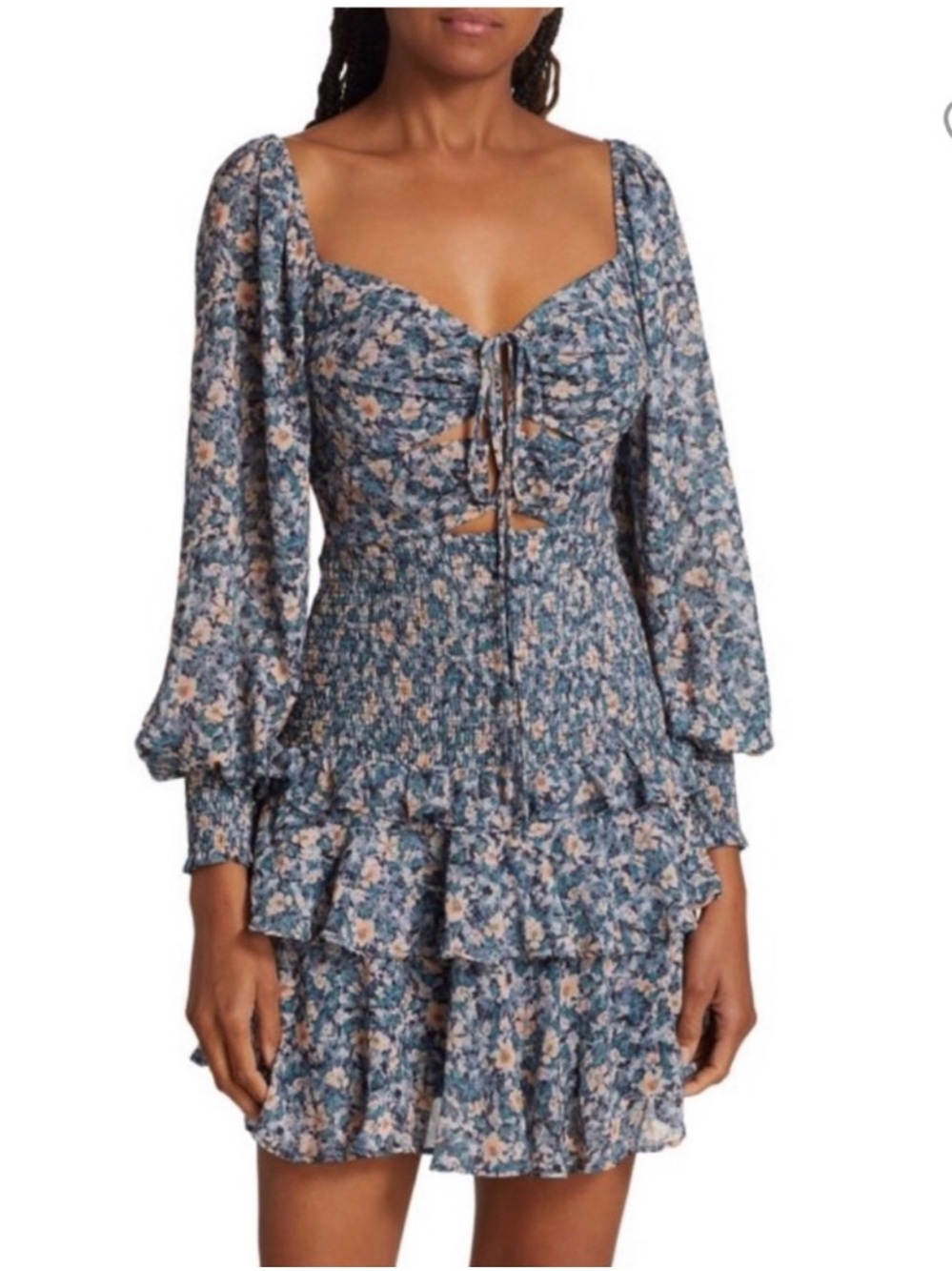 ASTR Marietta Floral Smocked Mini Dress with Puff Sleeves - Blue Floral